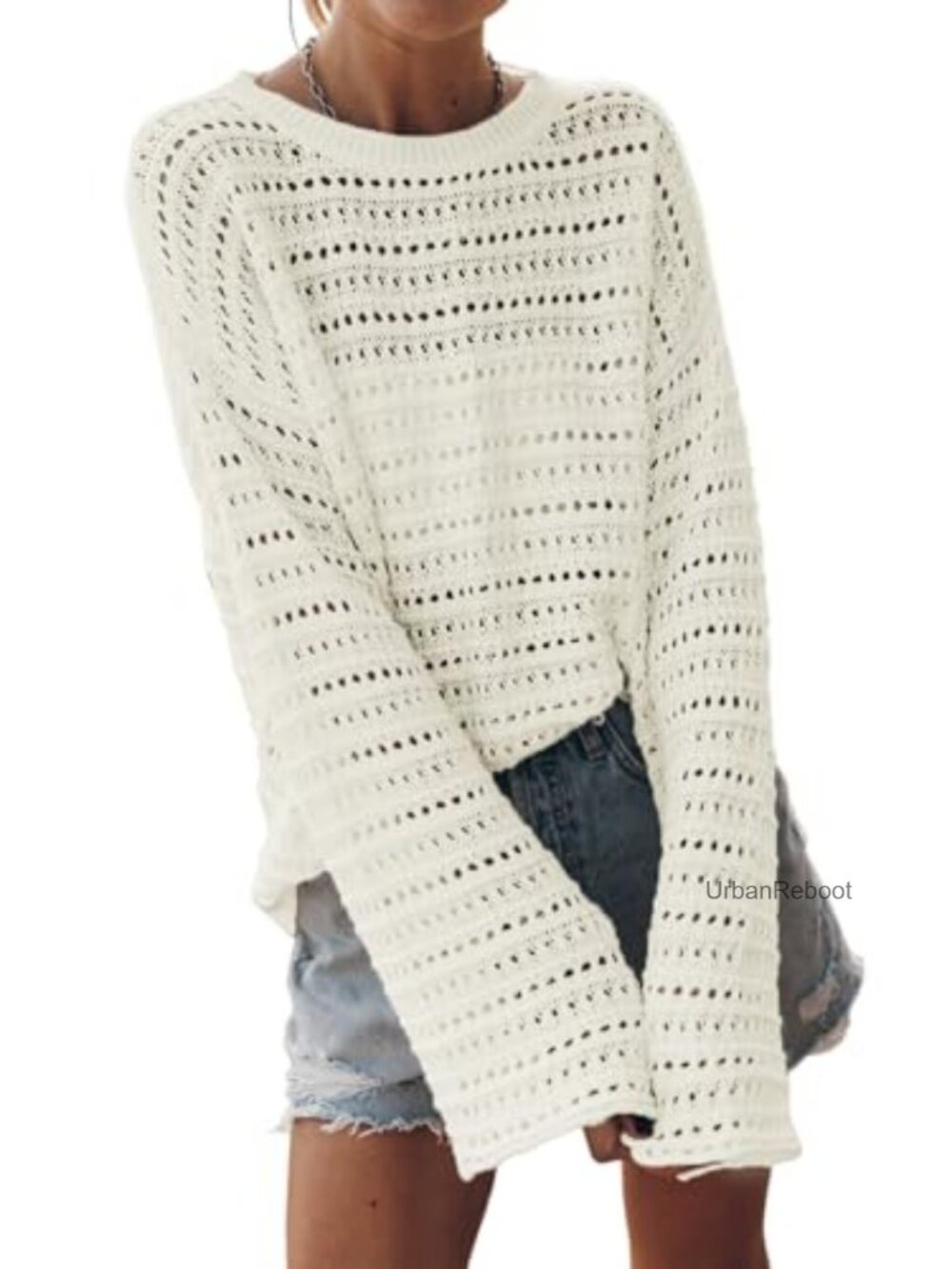 Women's Crochet Sweater Long Sleeve Hollow Out Knit Pullover